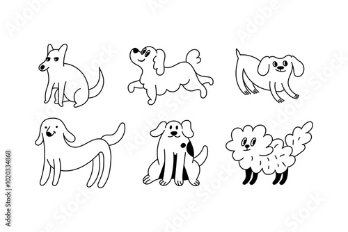 Funny pets, dogs and cats, vector illustration in trendy flat simple linear style, funny mascot and cartoon character, friendly sticker and badge for advertising, social media

