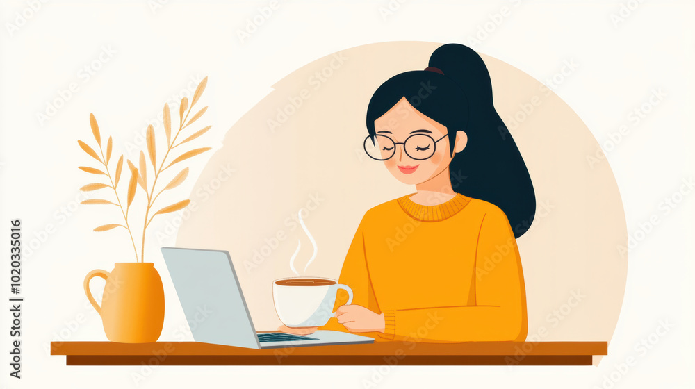 woman sipping coffee and working on her laptop, surrounded by cozy atmosphere. She enjoys her warm drink while being productive, creating serene and focused environment woman sipping coffee and working on her laptop, surrounded by cozy atmosphere. She enjoys her warm drink while being productive, creating serene and focused environment