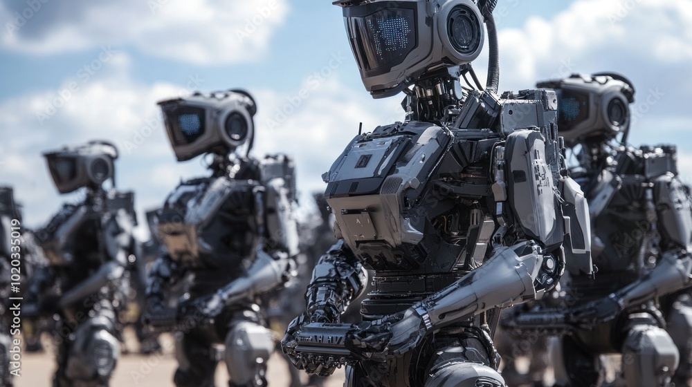 Advanced military robotics systems, featuring AI technology for autonomous combat and defense operations Advanced military robotics systems, featuring AI technology for autonomous combat and defense operations