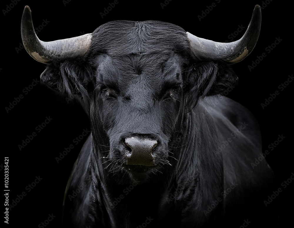 Naklejka premium Toro bravo negro retratado con fuerza y elegancia sobre fondo negro, emblema de la naturaleza salvaje, la tradición cultural y la potencia visual