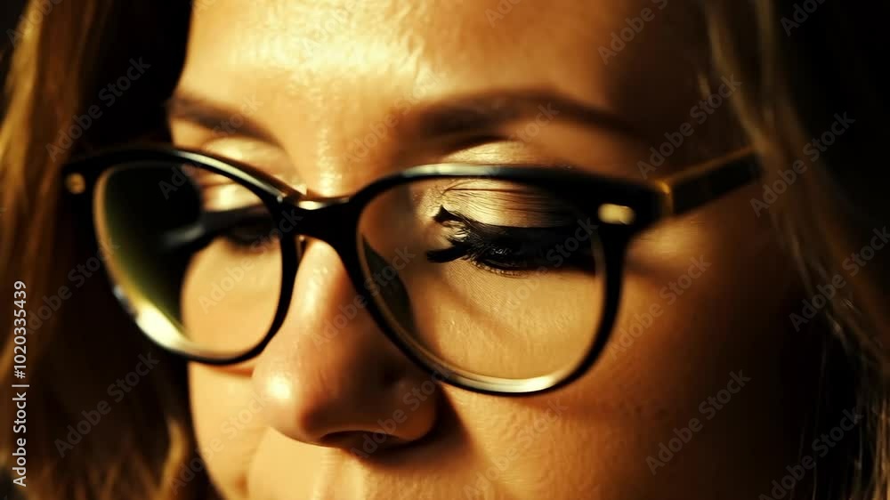 Close-up of woman wearing glasses with reflective lenses and stylish design Close-up of woman wearing glasses with reflective lenses and stylish design