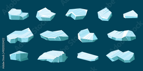 Iceberg. Floating glaciers, ice cubes and blocks. Arctic and Antarctic landscape elements. Icy crystal rocks in cold water. Winter decorative objects. Vector cartoon flat style isolated illustration