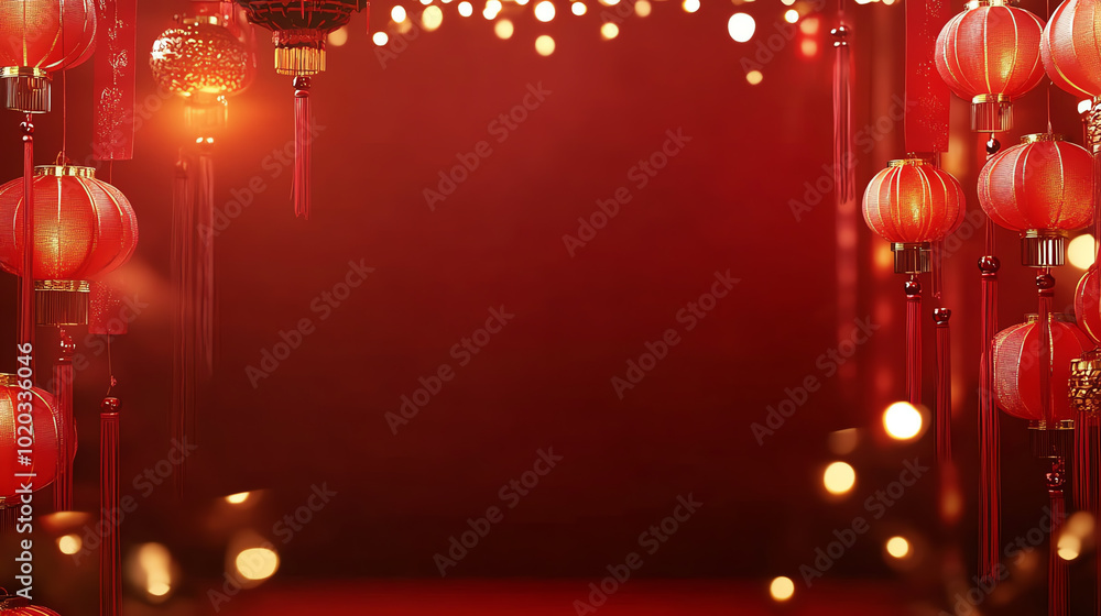 Festive red background adorned with lanterns and lights, perfect for celebrations and cultural events.