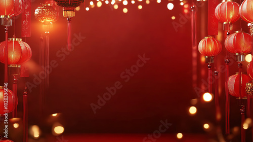Obraz na płótnie Festive red background adorned with lanterns and lights, perfect for celebrations and cultural events. w salonie