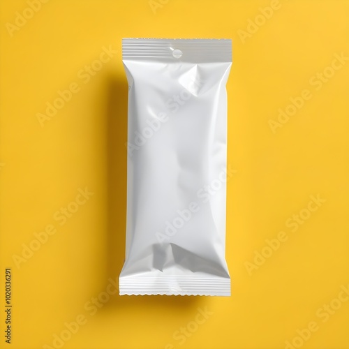 A white plastic packet or sachet against a bright yellow background