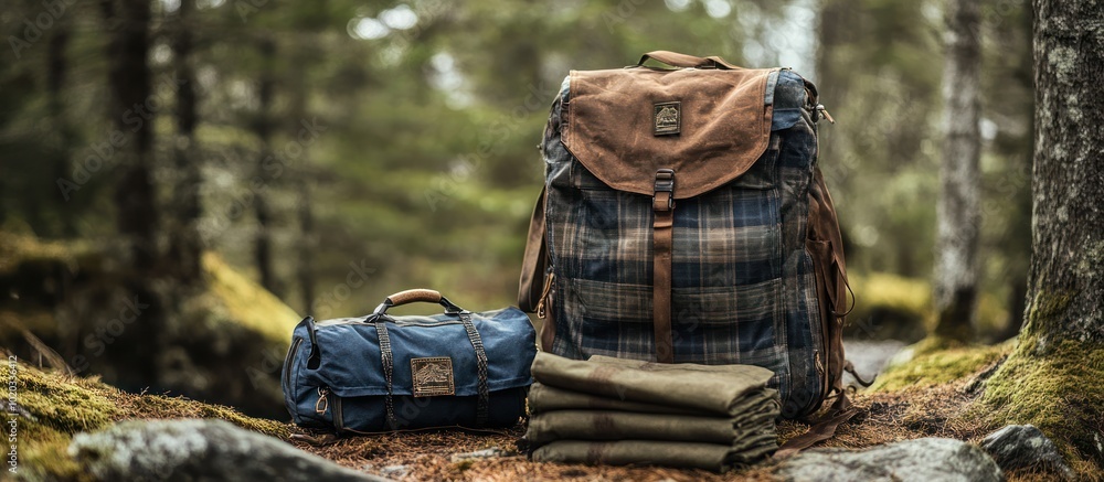 A large plaid backpack, a smaller blue bag, and a folded blanket on the forest floor. A large plaid backpack, a smaller blue bag, and a folded blanket on the forest floor.