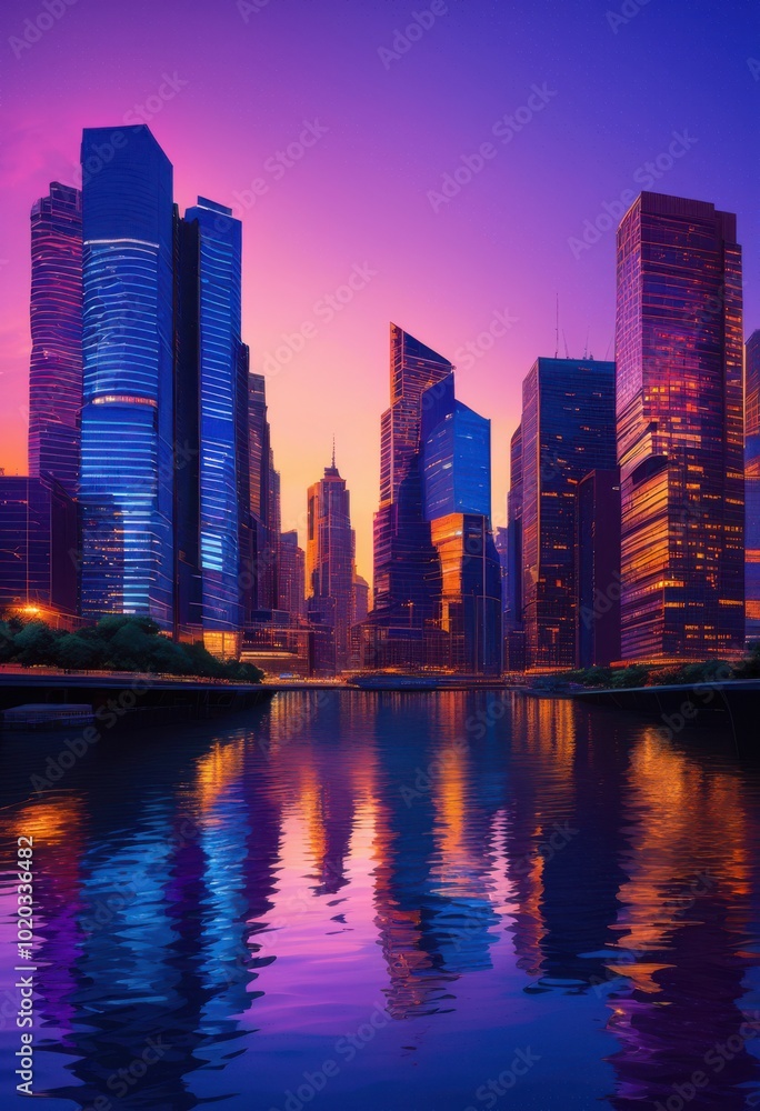 Obraz premium dynamic city skyline reflections twilight glowing vibrant atmospheric mood captured stunning urban landscapes, cityscape, buildings, architecture, sunset