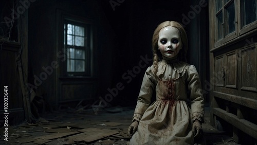 Photo of a vintage old cursed doll in an abandoned house