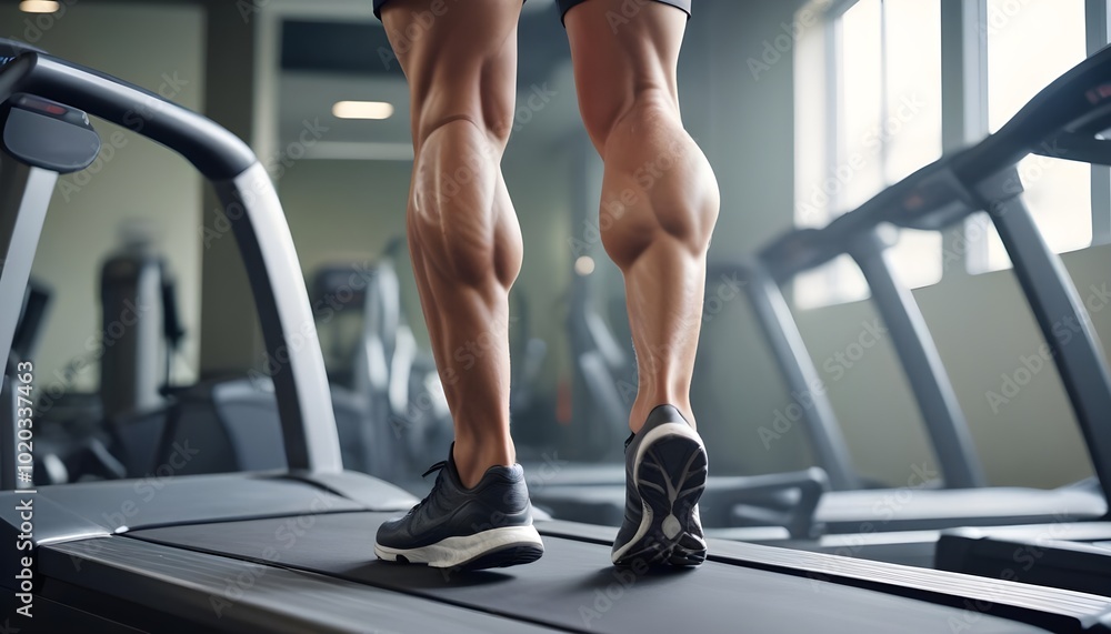 A muscular man's legs and feet, standing on a treadmill in a gym A muscular man's legs and feet, standing on a treadmill in a gym
