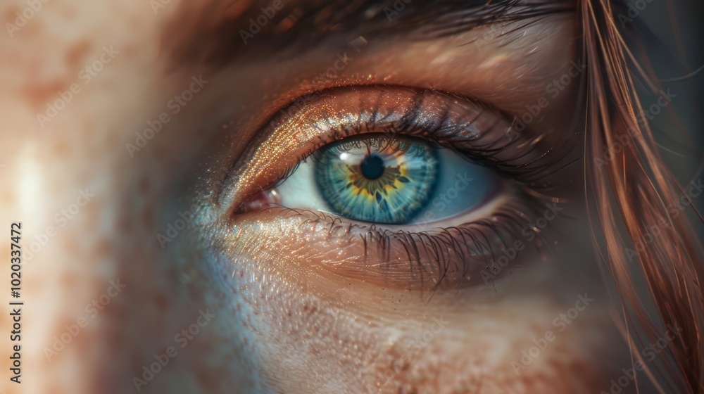 Fototapeta premium Close-up of a Blue Eye with Golden Eyeshadow and Freckles