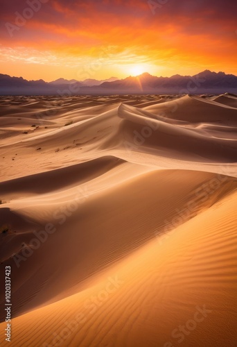 stunning sunrise over majestic sand dunes showcasing intricate vibrant natural beauty, desert, landscape, nature, light, shadows, silhouette, color, view