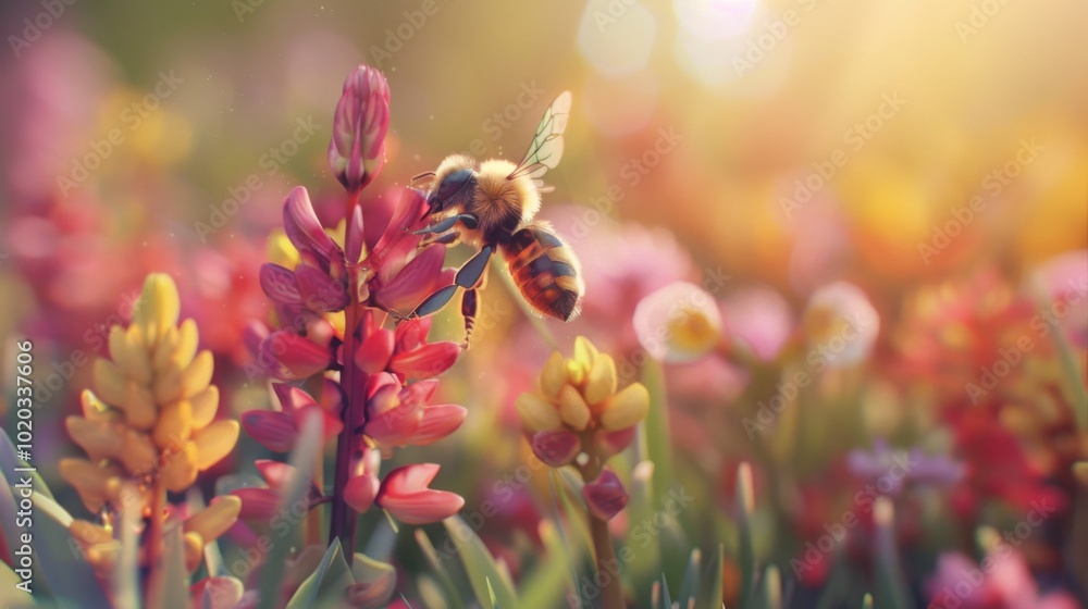 Bee Gathering Pollen on Colorful Wildflowers in a Meadow