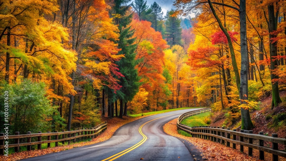 Fototapeta A Winding Road Through a Canopy of Vibrant Autumn Colors, Leading to a Misty Horizon