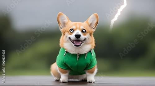 Adorable Corgi Dressed as Frankenstein s Monster During Thunderstorm photo