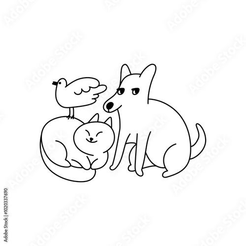 Funny pets, dogs and cats, vector illustration in trendy flat simple linear style, funny mascot and cartoon character, friendly sticker and badge for advertising, social media


