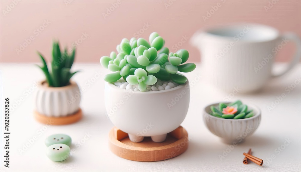A small succulent arrangement in a white pot next to watercolor supplies on a clean workspace lit by natural light A small succulent arrangement in a white pot next to watercolor supplies on a clean workspace lit by natural light