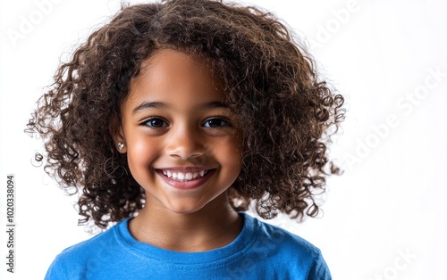 Smiling young girl with curly hair wearing a blue shirt against a white background Generative AI