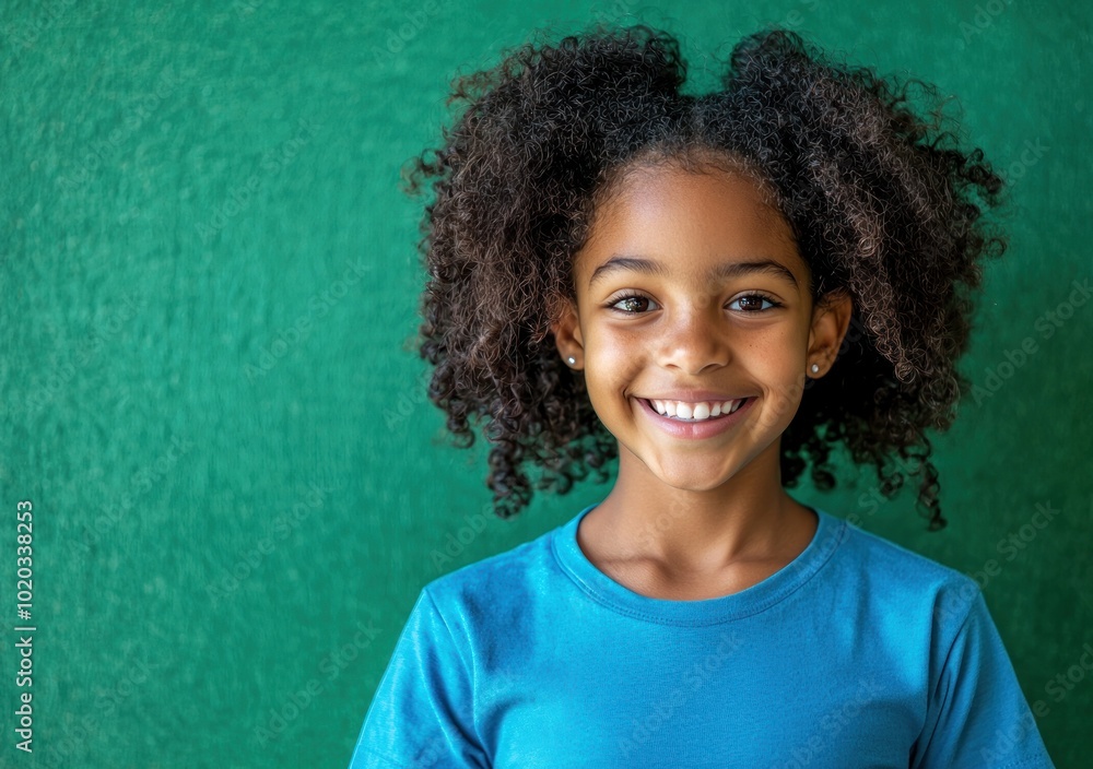 Smiling young girl with curly hair wearing a blue shirt against a green background Generative AI Smiling young girl with curly hair wearing a blue shirt against a green background Generative AI
