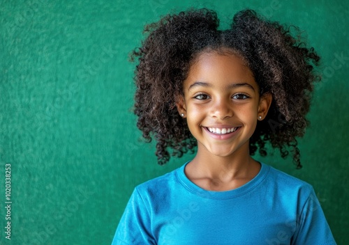 Smiling young girl with curly hair wearing a blue shirt against a green background Generative AI