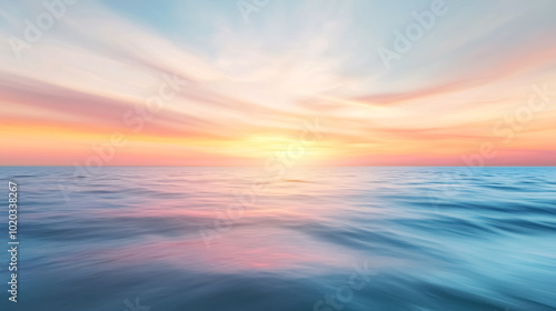 Abstract Blurred Sunrise Sky and Ocean Nature Background: An abstract image featuring a blurred sunrise sky over the ocean, creating a dreamy and serene background.