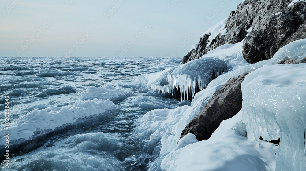 Frozen Ocean Waves on a Winter Coastline Frozen Ocean Waves on a Winter Coastline