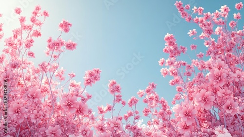 Pink Antigonon leptopus flowers also known as Coral Vine or Chain of Love create a vibrant background against a clear sky photo