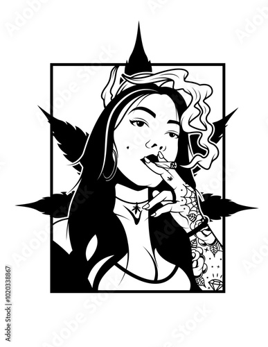 Sexy Girl Smoking Weed | Kush Leaves | Smoking Joint | Rolling Blunt | Weed Life | 420 Cannabis | Smoking Weed | Marijuana Addiction | Original Illustration | Vector and Clipart | Cutfile and Stencil