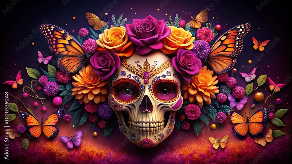 A Vibrant Skull Adorned with Flowers and Butterflies, a Symbol of Life's Cycle and Beauty in the Face of Mortality A Vibrant Skull Adorned with Flowers and Butterflies, a Symbol of Life's Cycle and Beauty in the Face of Mortality