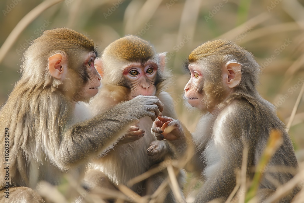Fototapeta premium Three monkeys interacting in a natural setting, showcasing social behavior and curiosity.