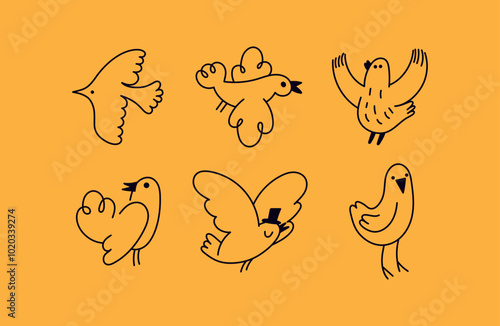 Funny birds, vector illustration in trendy flat simple linear style, funny mascot and cartoon characters, friendly sticker and badge for advertising, social media