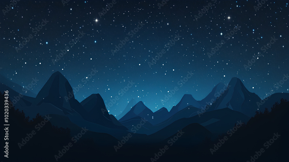 A depiction of a mountain range silhouetted against a deep blue night sky filled with countless stars. A depiction of a mountain range silhouetted against a deep blue night sky filled with countless stars.