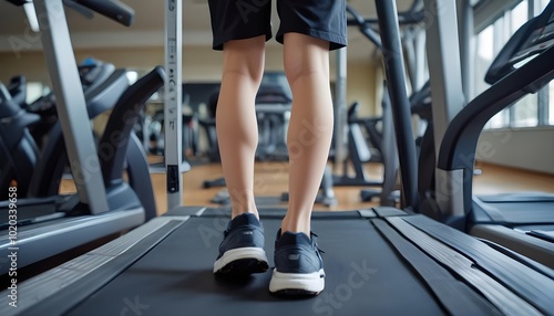 A teenage boy's legs and feet, standing on a treadmill in a gym