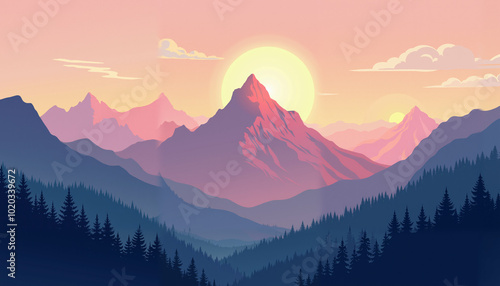 Mountain peak view landscape with sunrise soft light. Flat 2d vector illustration background 