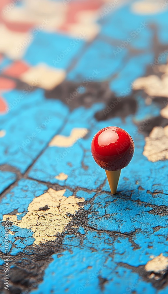Red Push Pin Marking a Location on a Vintage, Textured Map, Travel and Exploration Concept Red Push Pin Marking a Location on a Vintage, Textured Map, Travel and Exploration Concept