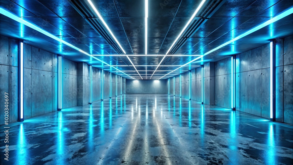 A Long, Empty Corridor Illuminated By Bright Blue Neon Lights Reflecting On The Wet Concrete Floor A Long, Empty Corridor Illuminated By Bright Blue Neon Lights Reflecting On The Wet Concrete Floor