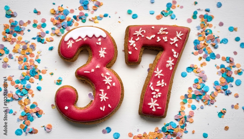 Decorated cookie, number 37, image for birthday or anniversary celebration Decorated cookie, number 37, image for birthday or anniversary celebration