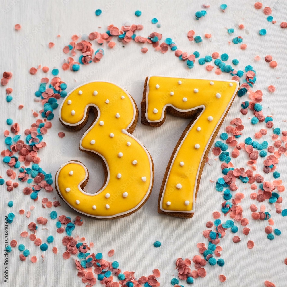 Decorated cookie, number 37, image for birthday or anniversary celebration Decorated cookie, number 37, image for birthday or anniversary celebration