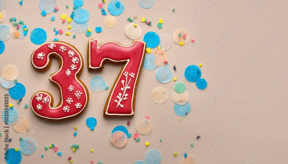 Decorated cookie, number 37, image for birthday or anniversary celebration Decorated cookie, number 37, image for birthday or anniversary celebration
