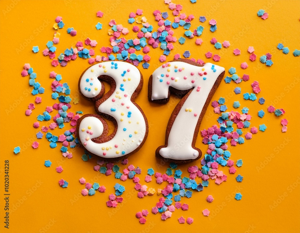 Decorated cookie, number 37, image for birthday or anniversary celebration Decorated cookie, number 37, image for birthday or anniversary celebration