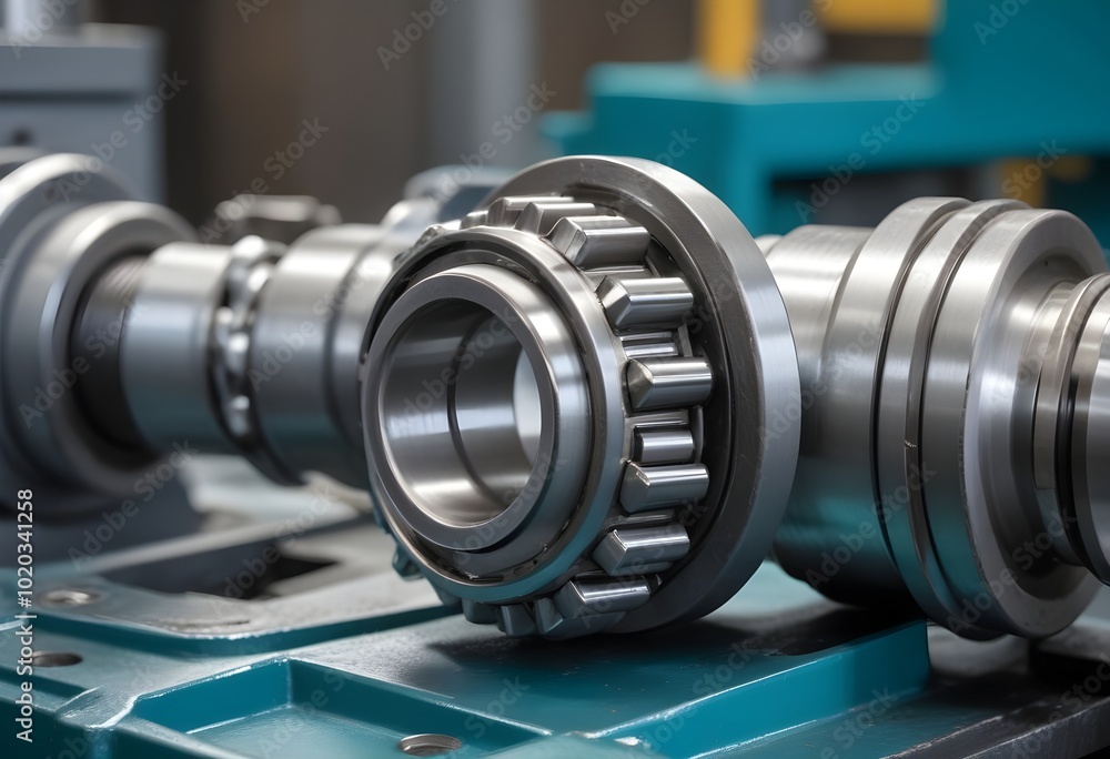 Close-up of a metal industrial machine part, likely a bearing or gear, with a shiny metallic surface and intricate mechanical details Close-up of a metal industrial machine part, likely a bearing or gear, with a shiny metallic surface and intricate mechanical details