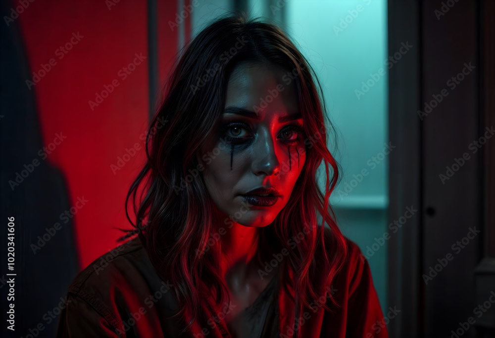 Mysterious Woman in Dramatic Red and Blue Lighting Mysterious Woman in Dramatic Red and Blue Lighting