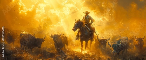 Amidst a golden sunset, a cowboy skillfully steers a group of cattle, embodying the essence of Western heritage and adventure in the fading light