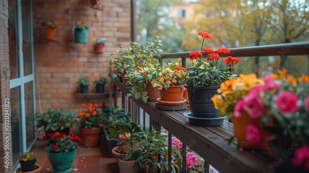 Fototapeta premium A lush array of flowers fills the balcony, showcasing a beautiful blend of colors and greenery in a cozy urban environment under a clear sky