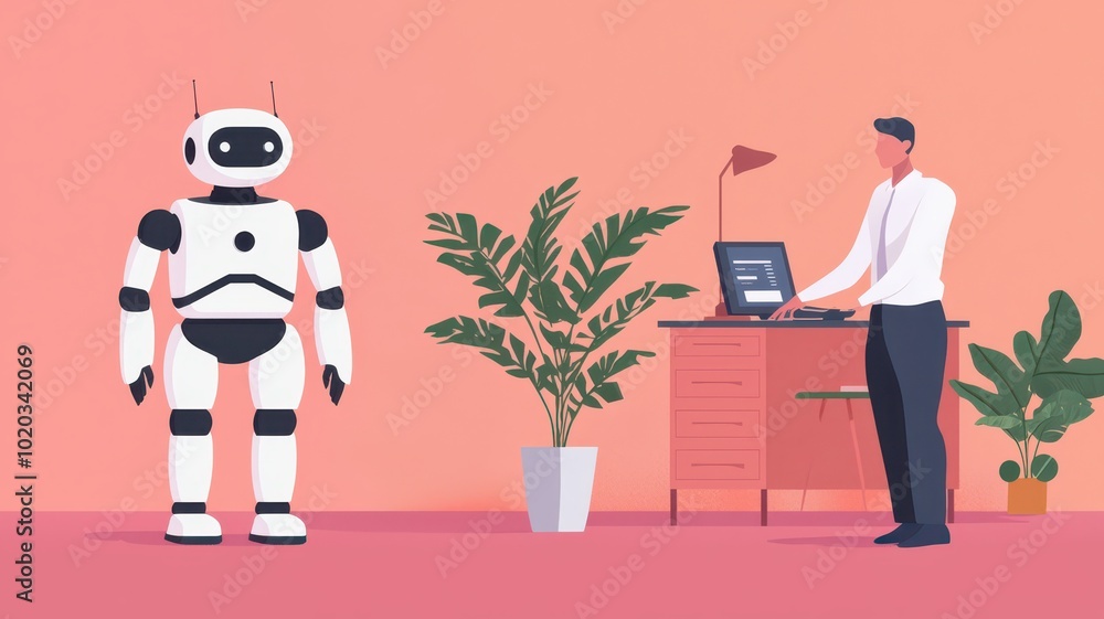 An office environment showcases robotic assistants and digital interfaces An office environment showcases robotic assistants and digital interfaces