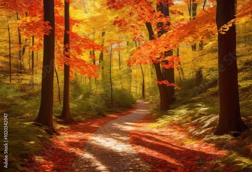 vibrant autumn colors displaying bright leaves covering tranquil nature trail surrounded lush forest, foliage, landscape, scenery, path, trees, sunlight photo