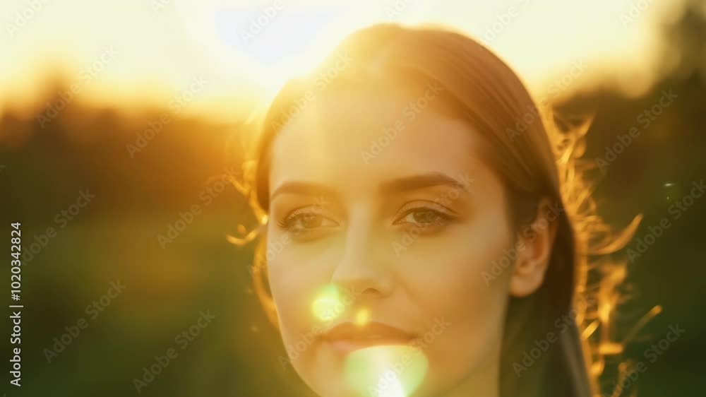 Serene woman with sunlit glow at sunset in tranquil natural setting Serene woman with sunlit glow at sunset in tranquil natural setting