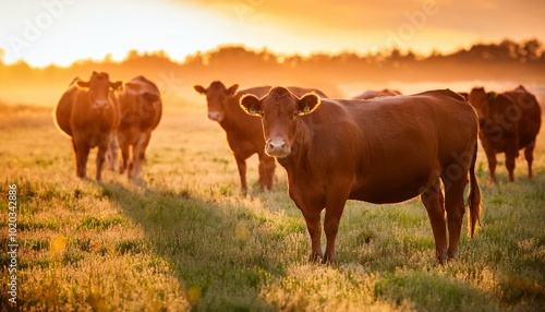 Beef cattle in pasture at sunset