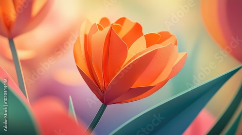 Close up of a stunning orange tulip flower in bloom with a softly blurred backdrop Close up of a vibrant orange tulip in bloom with a softly blurred background