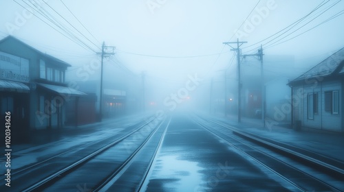 Foggy Street with Tram Tracks and Buildings in the Distance