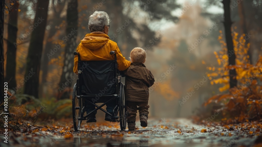 A heartfelt stroll along a misty forest path as an elderly individual in a wheelchair enjoys the beauty of fall with a curious young child A heartfelt stroll along a misty forest path as an elderly individual in a wheelchair enjoys the beauty of fall with a curious young child